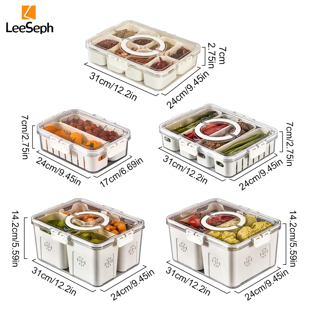 Leeseph Divided Serving Tray with Lid, Portable Snack Containers Snackle Box, Food Organizer for Travel, Party, Picnic, Beach