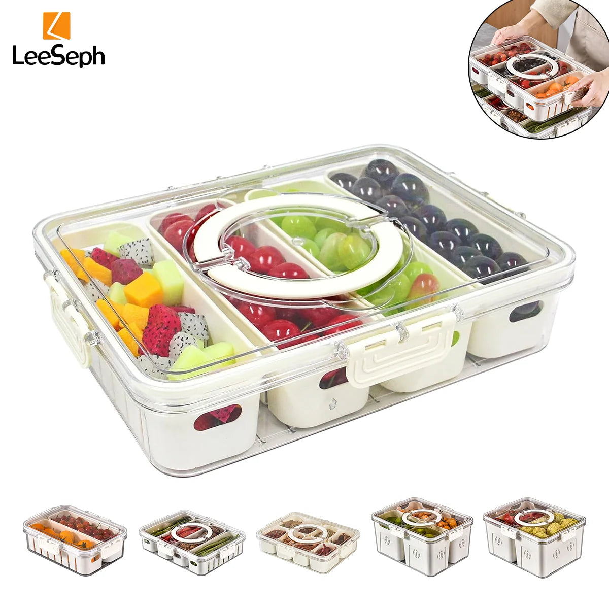 Leeseph Divided Serving Tray with Lid, Portable Snack Containers Snackle Box, Food Organizer for Travel, Party, Picnic, Beach